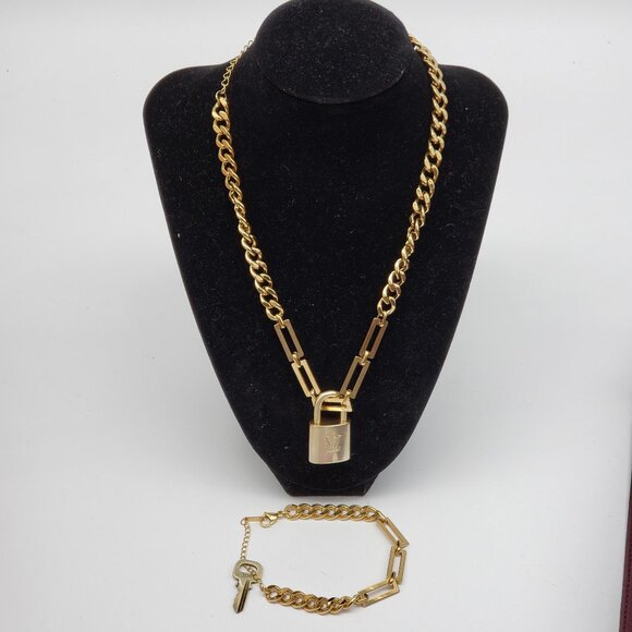 Authentic Louis Vuitton Gold Padlock W/ Unbranded Stainless Steel Chain&Bracelet - Picture 1 of 13